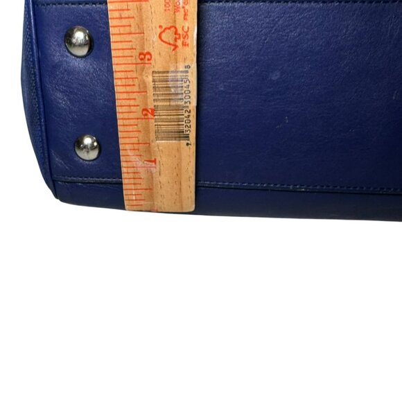 Coach Stripe Canvas & Navy Leather Satchel Tote – Tassel Bag Zip Pocket – Large - Picture 10 of 13